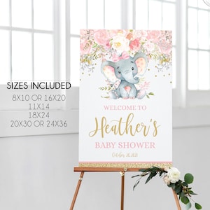 Signo de bienvenida de baby shower de elefante editable, signo de bienvenida de ducha personalizado, signo de baby shower personalizado, signo de bienvenida rosa y dorado