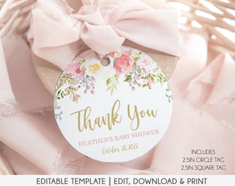 Blush Floral Baby Shower Favor Tags, Editable Party Favors Thank you Tags, Girl Baby Shower Thank You Tag Template, Instant Download PF1