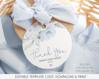 Editable Baby Blue Floral Thank You Tags, Boy Baby Shower Favor Tags, Thank you tags for Baby Shower, Round Printable Favor Tags File, BBF01