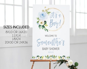 Editable Blue Floral Baby Shower Welcome Sign, Template Welcome Sign, Boy Baby Shower Sign, Bay Blue Welcome Sign, Printable File