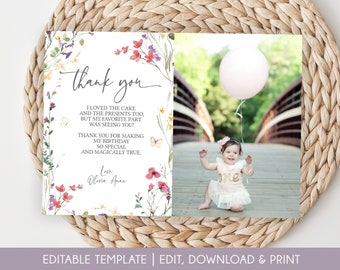 Wildflower Birthday Thank You Card Template, Thank You Card with picture, Wildflower Thank You Card Printable, Edit with Corjl, BWF32