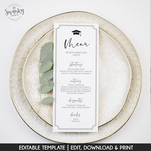 BEWERKBAAR Graduation Dinner Menu Sjabloon, Afdrukbare Menukaart, Graduation Decor High School College Grad422