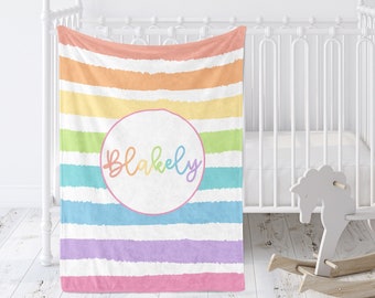 Personalized Rainbow Striped Baby Blanket, Minky Blanket Rainbow, Sizes for Baby, Child or Teen, Baby Shower Gift, Girl Blanket