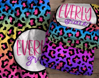 Rainbow Cheetah Print Blanket, Personalized 90s Inspired, Neon Rainbow Leopard Print Throw, Unique Birthday Gift for Girl, The Everly