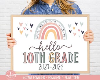 Boho Rainbow Hello 10th Grade Sign, First Day of Tenth Grade Girl Sign Printable School Sign Sophomore First Day Sign Instant Download HBR21