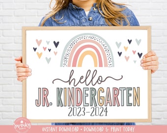 Boho Rainbow Hello Jr Kindergarten Sign, First Day of Jr Kindergarten Girl Sign, Printable School Sign Girl First Day Instant Download HBR21