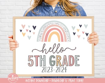 Boho Rainbow Hello Fifth Grade Sign, First Day of Fifth Grade Girl Sign, Printable School Sign Girl First Day Sign, Instant Download HBR21
