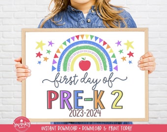 Rainbow First day of Pre-k 2 Sign, First Day of PREK 2 Sign, Printable Pre-K 2 School Sign First Day, Instant Download Digital File RBWB2