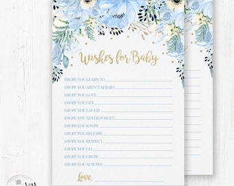 Blue Floral Wishes for Baby Printable, Floral Dear Baby Cards, Boy Baby Shower Wishes, Baby Shower Game, Instant Download, Printable