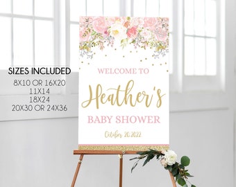 Floral Baby Shower Welcome Sign, Personalized Shower Welcome Sign, Customized Baby Shower Sign, Pink and Gold Welcome Sign, Printable File