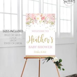 Floral Baby Shower Welcome Sign, Personalized Shower Welcome Sign, Customized Baby Shower Sign, Pink and Gold Welcome Sign, Printable File