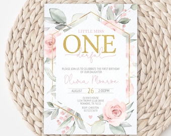 Editable First Birthday Invitation Template Little Miss Onederful Printable Blush Pink Floral 1st Birthday Baby Girl First Birthday BPF01