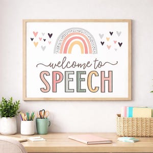 Welcome to Speech Sign Printable, Boho Speech Class Decor, Classroom Posters, Speech Sign, Boho Rainbow Printable