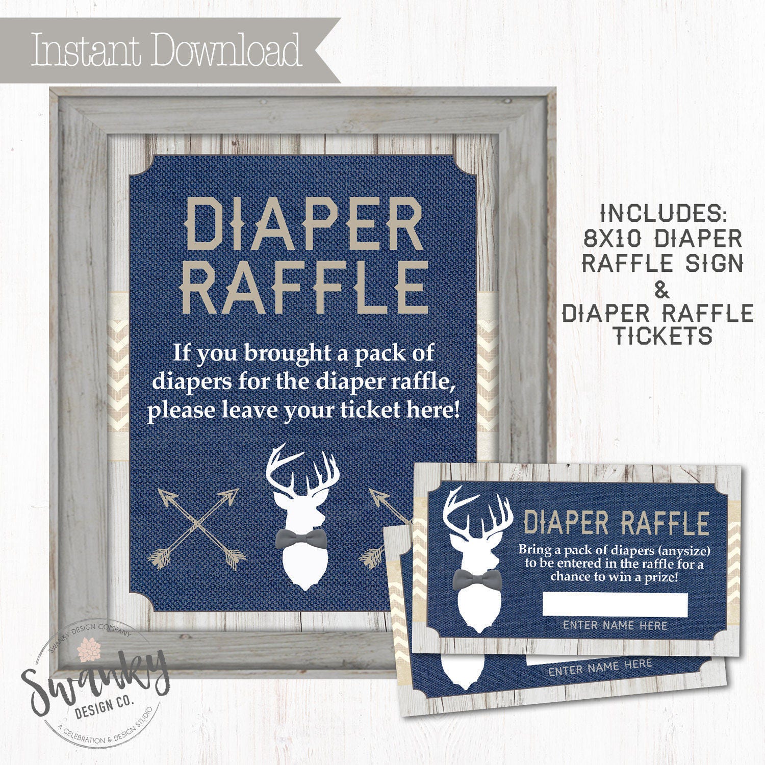 Rustic Deer Baby Diaper Raffle Tickets, Navy and Burlap, Gray Bowtie …