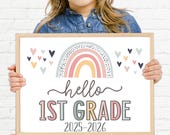 Boho Rainbow Hello First Grade Sign, First Day of First Grade Girl Sign, Printable School Sign Girl First Day Sign, Instant Download HBR21