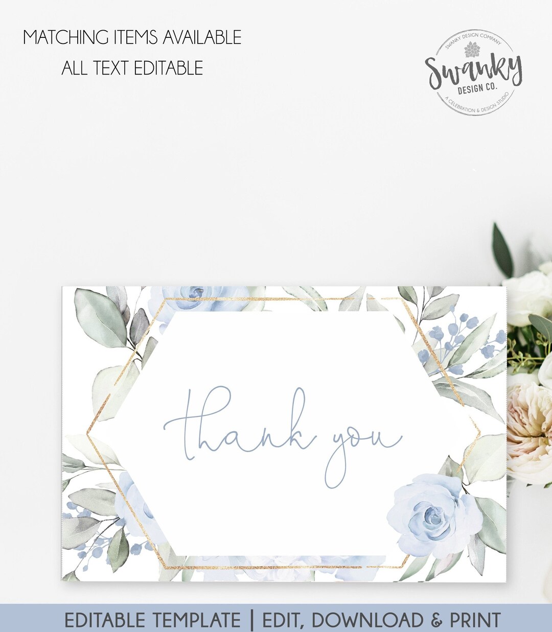 Baby Blue Floral Thank You Card Template Editable Baby Shower - Etsy