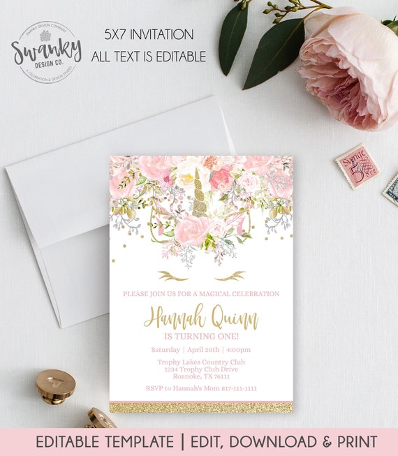 Blush Pink Unicorn Invitations Template, Editable Floral Unicorn Invitation, Magical Birthday Invitation, Pink Gold Unicorn, Unicorn Face Il_570xn