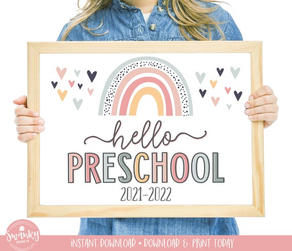 Boho Rainbow Hello Preschool Sign, First Day of Preschool, Printable First Day of School Sign, Girl First Day Sign, Instant Download, HBR21 Il_570xn