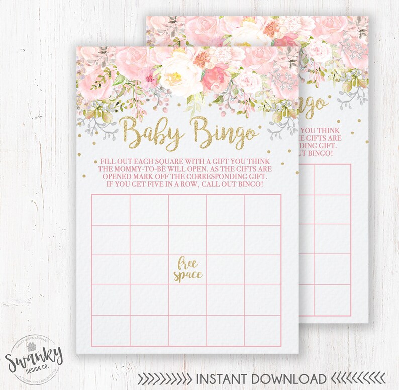 Floral Baby Shower Bingo Card Baby Girl Bingo Game Pink Etsy