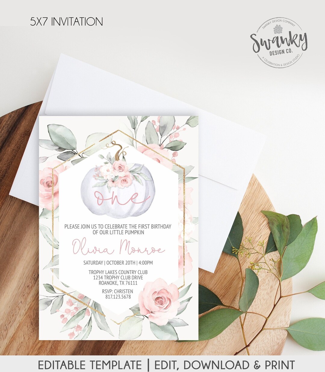 EDITABLE Pumpkin First Birthday Invitation Floral Pink and Gold Girl ...