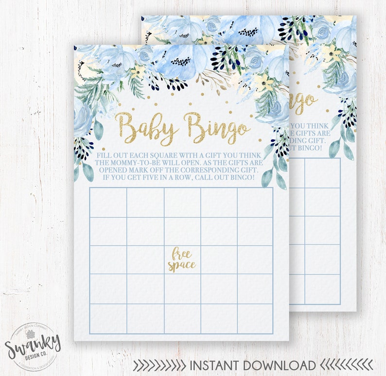 Blue Floral Baby Shower Bingo Card, Baby Boy Bingo Game, Blue Florals, Baby Bingo, Baby Shower Game, Shower Bingo Blank, Printable image 1