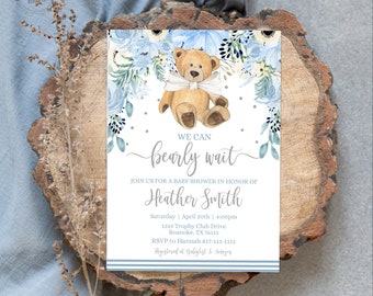 Teddy Bear Baby Shower Invitation Template, We Can Bearly Wait Bear Baby Shower, Bear Themed Shower Invitation, Blue Floral Bear Invite