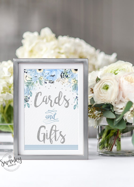 Blue and Silver Cards and Gifts Sign, Gift Table Sign Printable, Boy Baby Shower, Blue and Silver, Blue flowers, Instant Download, BS-2 Il_570xn