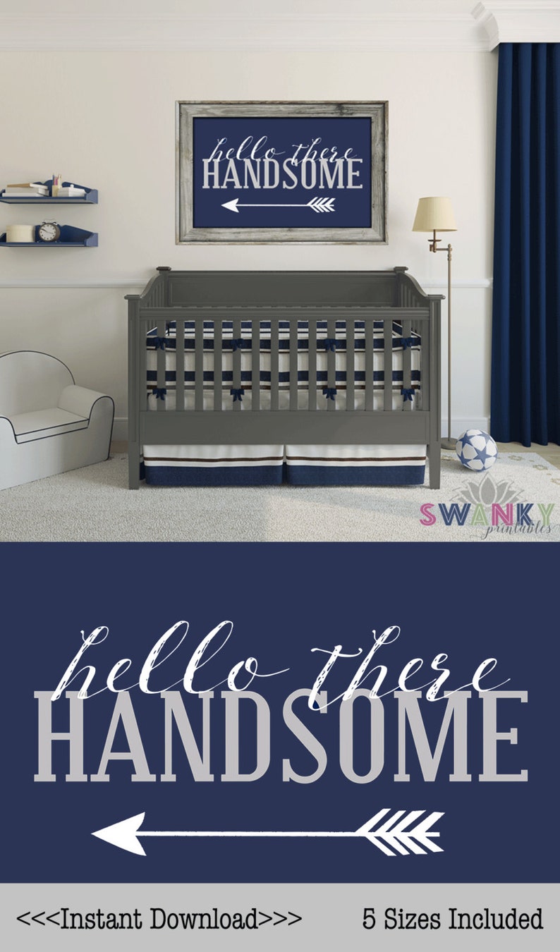 Hello There Handsome Print Boys Nursery Print Navy Gray and Etsy