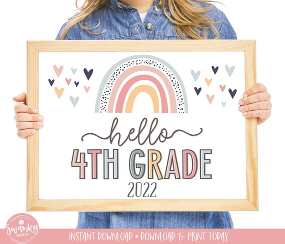 Boho Rainbow Hello Fourth Grade Sign, First Day of Fourth Grade Girl Sign, Printable School Sign Girl First Day Sign, Instant Download HBR21 Il_570xn