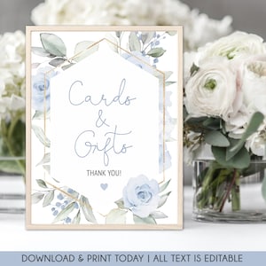 Baby Blue Floral Cards and Gifts Sign, Dusty Blue Baby Shower Decor, Boy Baby Shower Sign, Cards and Gifts Table Sign, Editable BBF01