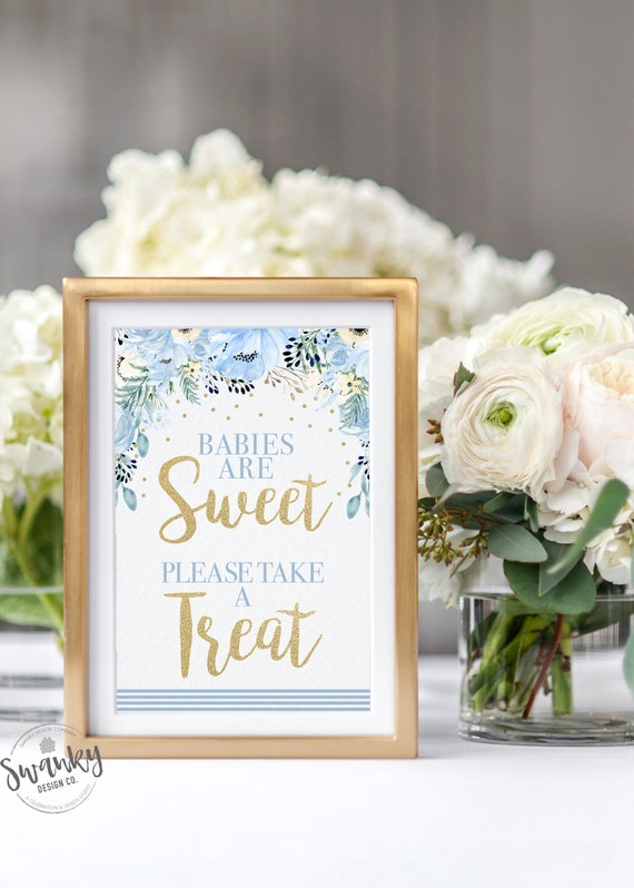 Baby Blue Floral, Babies Are Sweet, Please Take a Treat, Treat Printable, Boy Floral Baby Shower Decor, Blue and Gold, Instant Download Il_570xn