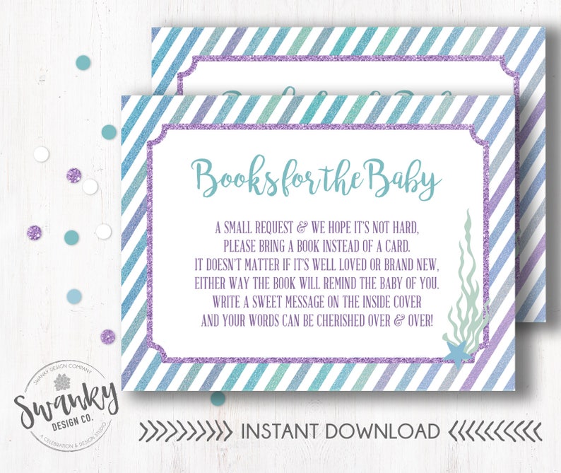 Purple and Teal Mermaid Books for Baby Bring a Book Insert Under the Sea Shower Mermaid Baby Shower Book Request Glitter Mermaid