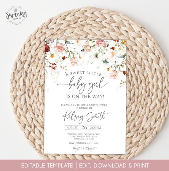 Fall Wildflower Baby Shower Invite, Sweet Baby Girl Shower Invitation