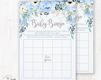 Blue Floral Baby Shower Bingo Card, Baby Boy Bingo Game, Blue and Silver, Baby Bingo, Baby Shower Game, Instant Download, Printable Game