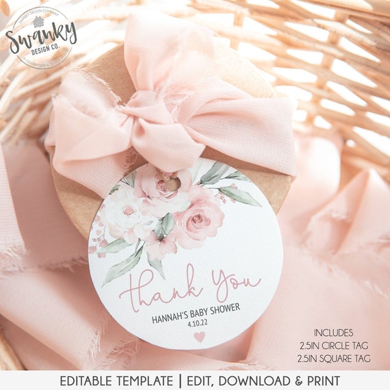 Blush Pink Thank You Favor Tags, Girl Baby Shower Favor Tags, Floral Pink Thank Tags for Baby Shower, Editable File, Instant Download Tags Il_570xn