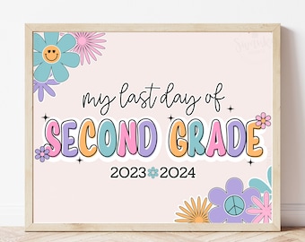 Boho Retro Second Grade Sign, Last Day of 2nd Grade Girl Sign, Printable School Sign Groovy Peace Sign, Instant Download GGR3