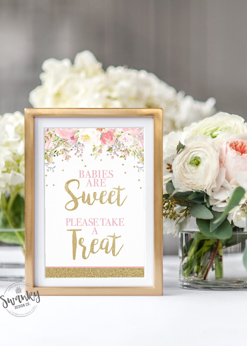 Blush Pink and Gold Sweet Treat Sign, Floral Baby Shower Decor, Babie…