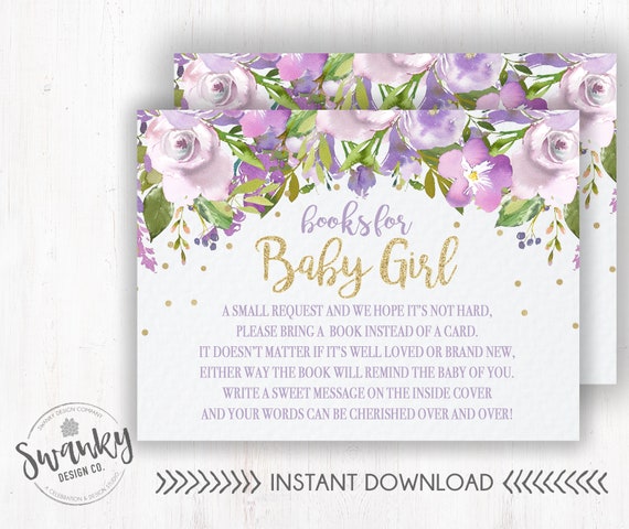 Purple and Gold Floral Books for Baby, Book Insert, Purple Flowers, Bring a Book Insert, Book Request, Lavender Baby Girl Shower, PG1 Il_570xn