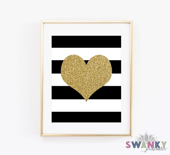 Gold Glitter Heart Print, Black and White Stripe, Black and white Modern Decor, Gallery Wall, Love Print, Digital File, Instant Download Il_570xn