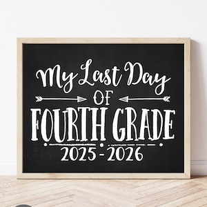 May include: A framed chalkboard sign with the text "My Last Day of Fourth Grade 2025-2026" in white script and block letters. The sign has a black background and a light wood frame. The bottom of the sign has the text "Swanky Design Co."