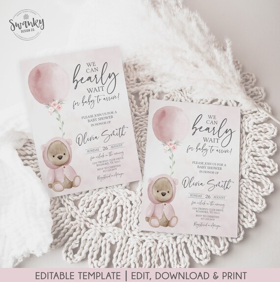 We Can Bearly Wait Baby Shower Invitation, Pink Teddy Bear Baby ShowerInvite, Girl Baby Shower Invitation, Editable Instant Download BBB01 Il_570xn