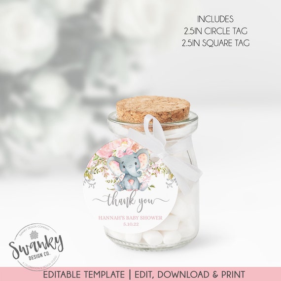 Editable Elephant Thank You Tags, Floral PinkThank Tags for Baby Shower, Girl Baby Shower Favor Tags, Printable File, Instand Download Il_570xn