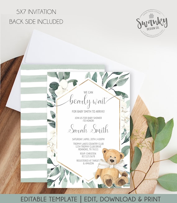 We Can Bearly Wait Bear Baby Shower Invitation Template, Teddy Bear Baby Shower, Bear Themed Shower Invitation, Gender Neutral Printable NG1 Il_570xn