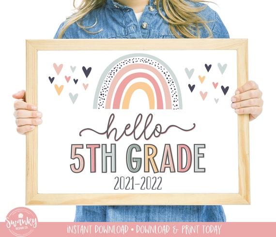 Boho Rainbow Hello Fifth Grade Sign, First Day of Fifth Grade Girl Sign, Printable School Sign Girl First Day Sign, Instant Download HBR21 Il_570xn