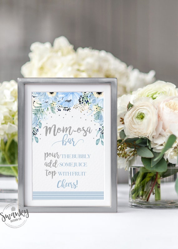 Blue and Silver Floral Mimosa Bar Sign Printable, Momosa Sign, Blue Floral Baby Shower Decor, Blue and Silver, Instant Download, BS-2 Il_570xn
