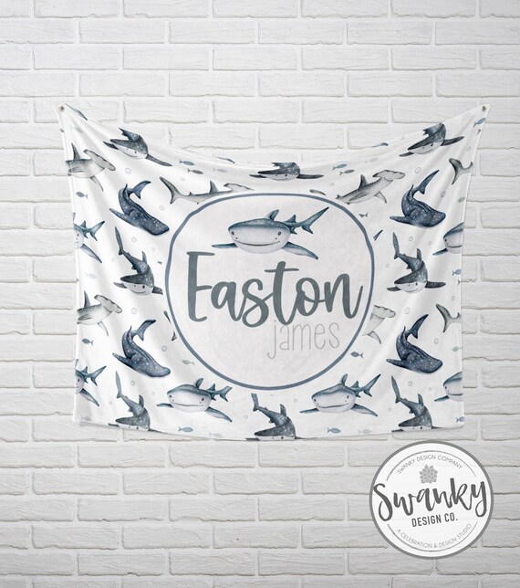 Personalized Shark Kids Blanket, Shark Pattern Minky Blanket, Sizes for Baby, Child, Teen, or Adult, Great Gift, The Jakob Il_570xn