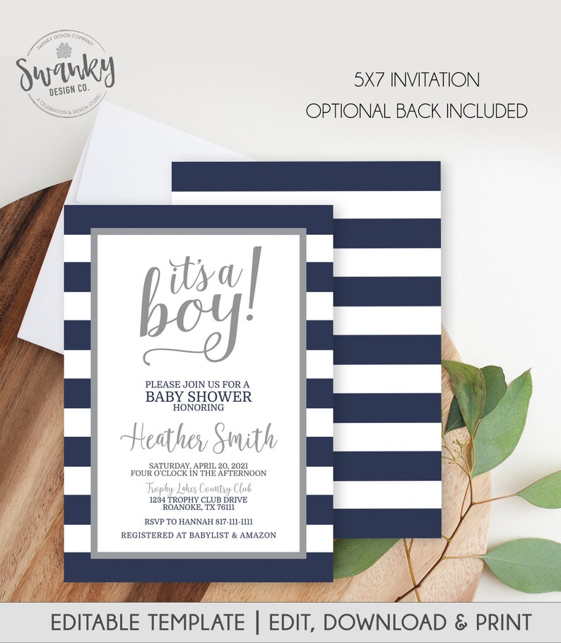 Navy and Gray Baby Shower Invitations, Boy Baby Shower Invitation, It's a Boy, Navy and Gray Invitation, Navy Stripe Baby Shower Invitation image 1