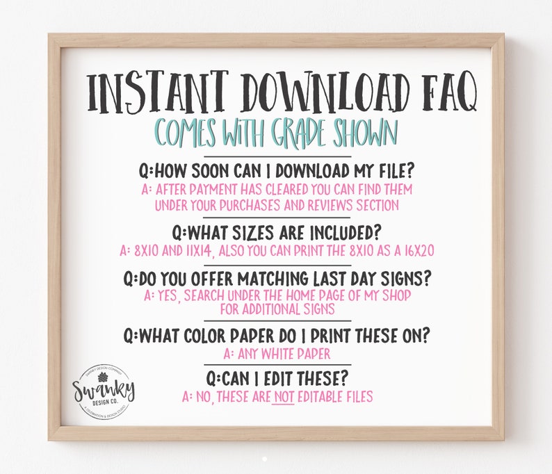 May include: A framed print with the text "INSTANT DOWNLOAD FAQ" in black, with the words "COMES WITH GRADE SHOWN" in teal. The print answers questions about file downloads, sizes, and editing. The print includes the logo of "Swanky Design Co."