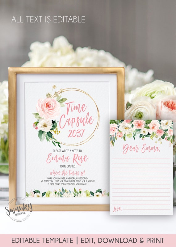 First Birthday Time Capsule Sign and Cards, Printable Time Capsule Sign Girl, Floral First Birthday, Floral Wreath Sign, Boho Floral Sign Il_570xn