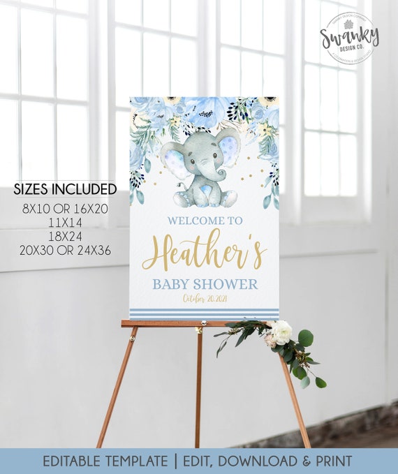 Blue Elephant Baby Shower Welcome Sign, Editable Personalized Boy Shower Sign, Customized Sign, Blue and Gold Welcome Sign, Printable File Il_570xn